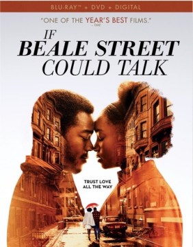 Image of a Black man and woman, with their foreheads touching in a loving manner, on a white background. A city street in warm hues is superimposed over their bodies. 