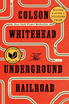 Red background with black train tracks on a white background squiggling around the cover. The author's name and title are written in bold, black block text. There are two round yellow circles declaring that the book has won the Pulitzer Prize and the National Book Award.