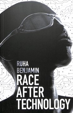 A Black person, cropped at the shoulders, wearing futuristic looking sunglasses. They are in front of a white background overlaid with what appears to be circuitry. The title and author of the book is printed in blocky text running down the person's neck.