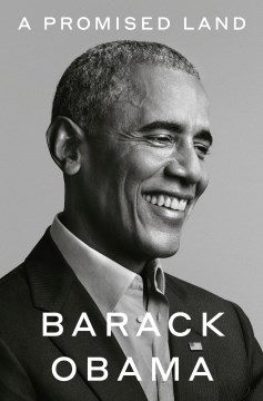 Black and white photo of Barack Obama. The title is printed in white text at the top of the page, his name in white text at the bottom of the page.