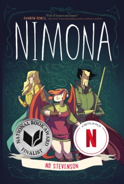cover of nimona, a girl with dragon wings stands in front of two knights