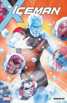 cover of iceman, a man made of ice shoots out ice, in the ice are pictures of x-men villains like magneto, juggernaut and mystque 