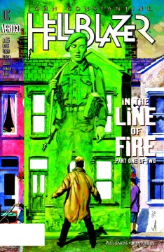 cover of hellblazer, a man in a trench coat has his cigarette lit by a flaming hand