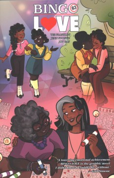 宾果游戏的封面，两个年长的黑人妇女牵着手，还有他们在公园的长椅上溜冰和亲吻的场景