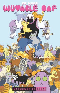 cover of wuvable oaf, a muscular bearded man is surrounded and covered in cute kittens