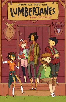 封面上的伐木工，五个营地的女孩站在红色小屋外面