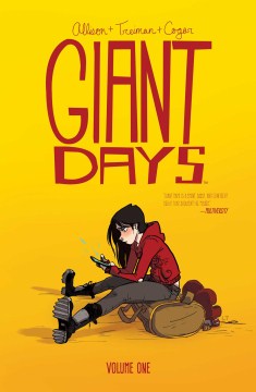 cover of giant days, a girl in a red hoodie sits on a packed suitcase while texting on her phone