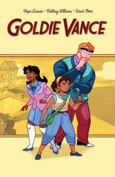 cover of goldie vance, 1950s style, a black girl is holding a magnifying glass