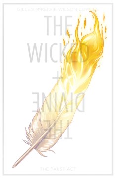 cover of the wicked and the divine, a white feather on fire that looks like gold