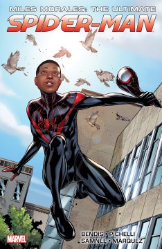 miles morales as spider-man hanging on the edge of a building