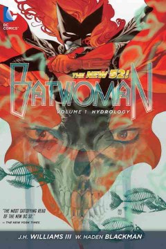 cover of batwoman, a woman in red and black braces herself, a shadowy skull floats below