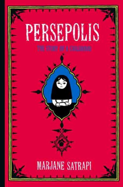 A red book cover with an eye-catching black and white drawing of a young girl wearing a hijab. 