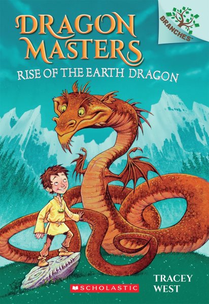 book cover with smiling brown dragon looking down at a boy with high mountains in the background.