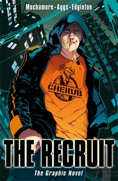 book cover of a youth wearing a black hoodie and organge t-shirt with cuts and bandages on their face and high-rise buildings at night in the background.