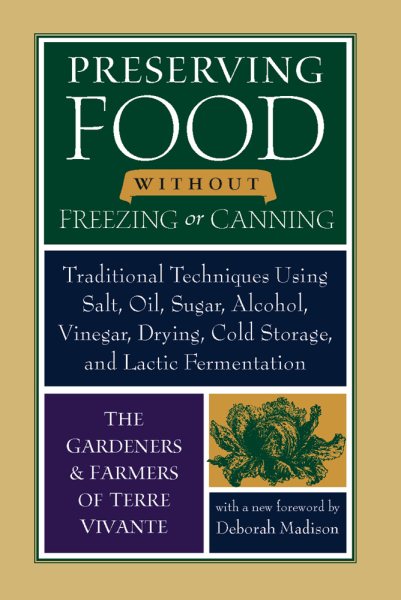 Colour blocked cover for Preserving Food. Green and blue background with white text.
