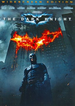 Movie cover of The Dark Night. Shows an image of Batman. 