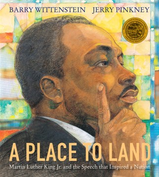 Book jacket for "A Place to Land" featuring an illustration of MLK's profile in front of a stained glass window.