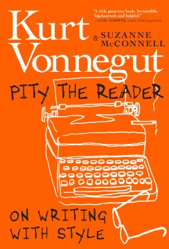 Book jacket for "Pity the Reader" featuring a drawing of typewriter in white on an orange background.