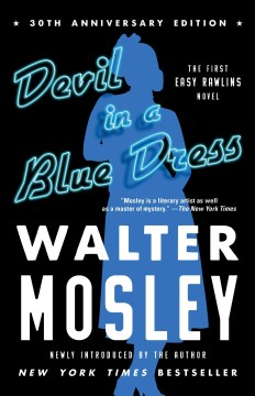 Book cover of Devil in a Blue Dress by Walter Mosley. A blue silhouette of a woman against a black background.